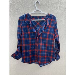 Alter Ego Womens Blue Red Plaid Ruffled Long Sleeve Button-Down Shirt Medium
